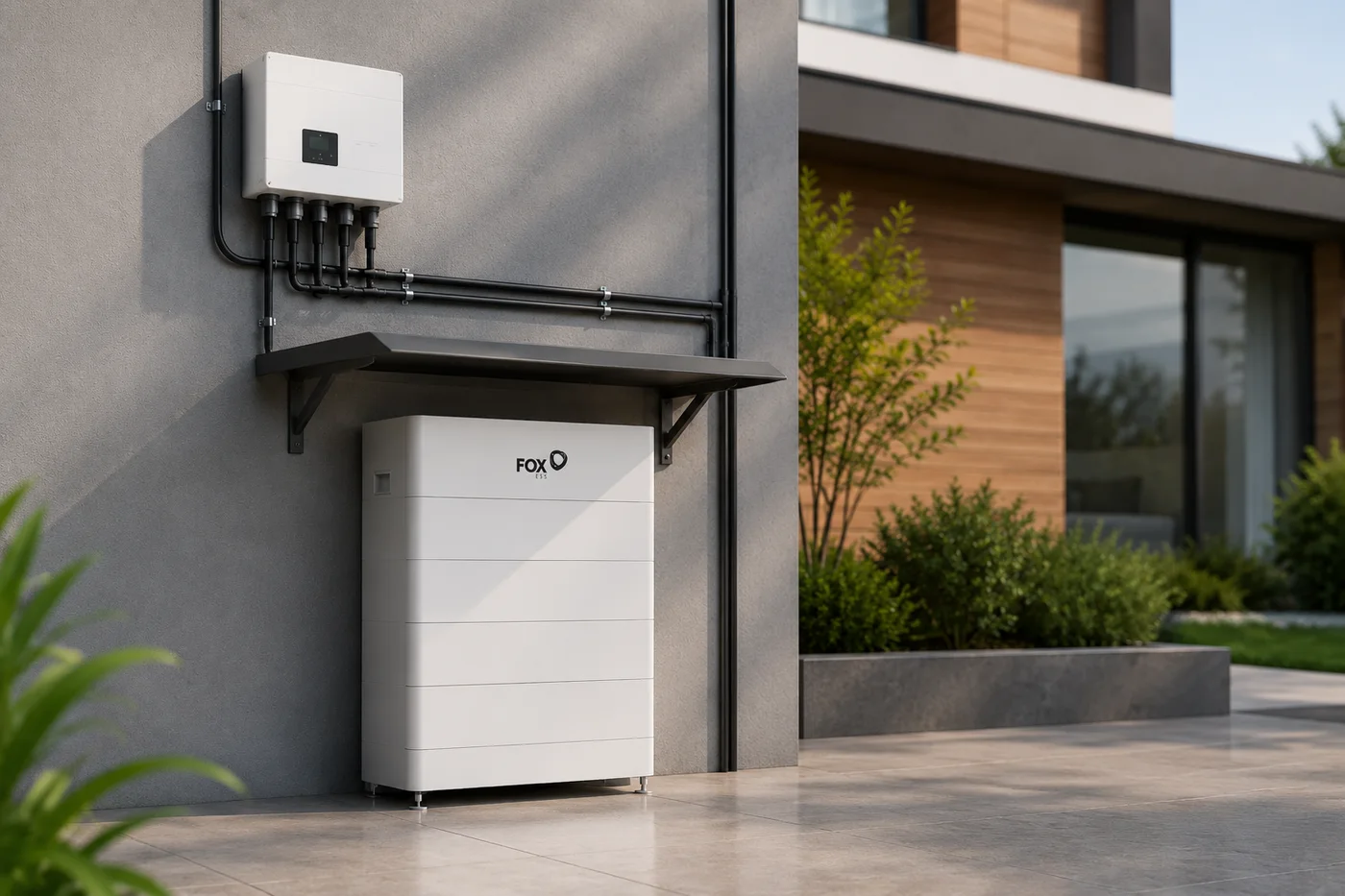 Outdoor home battery and hybrid inverter installation on a residential wall